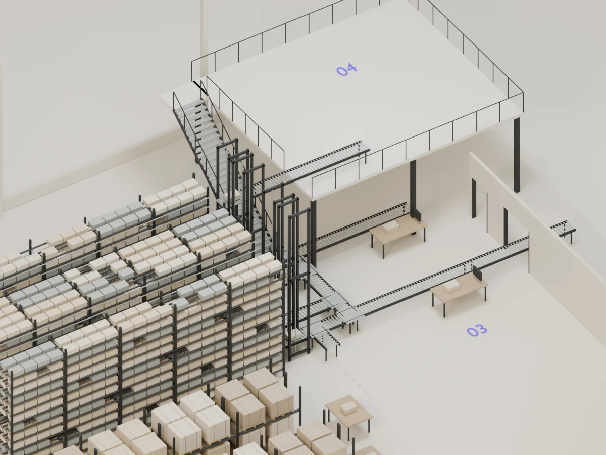 Original automated-store model detail showing lift towers, a transfer platform, service access and the station connection.