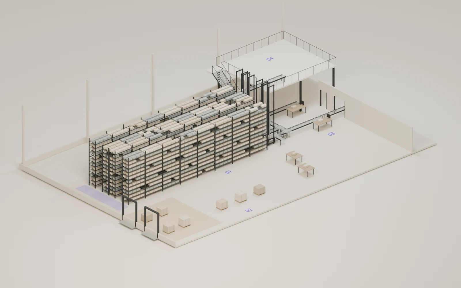 Original model with a longer automated tote store, receiving area, picking stations and an upper-level transfer.