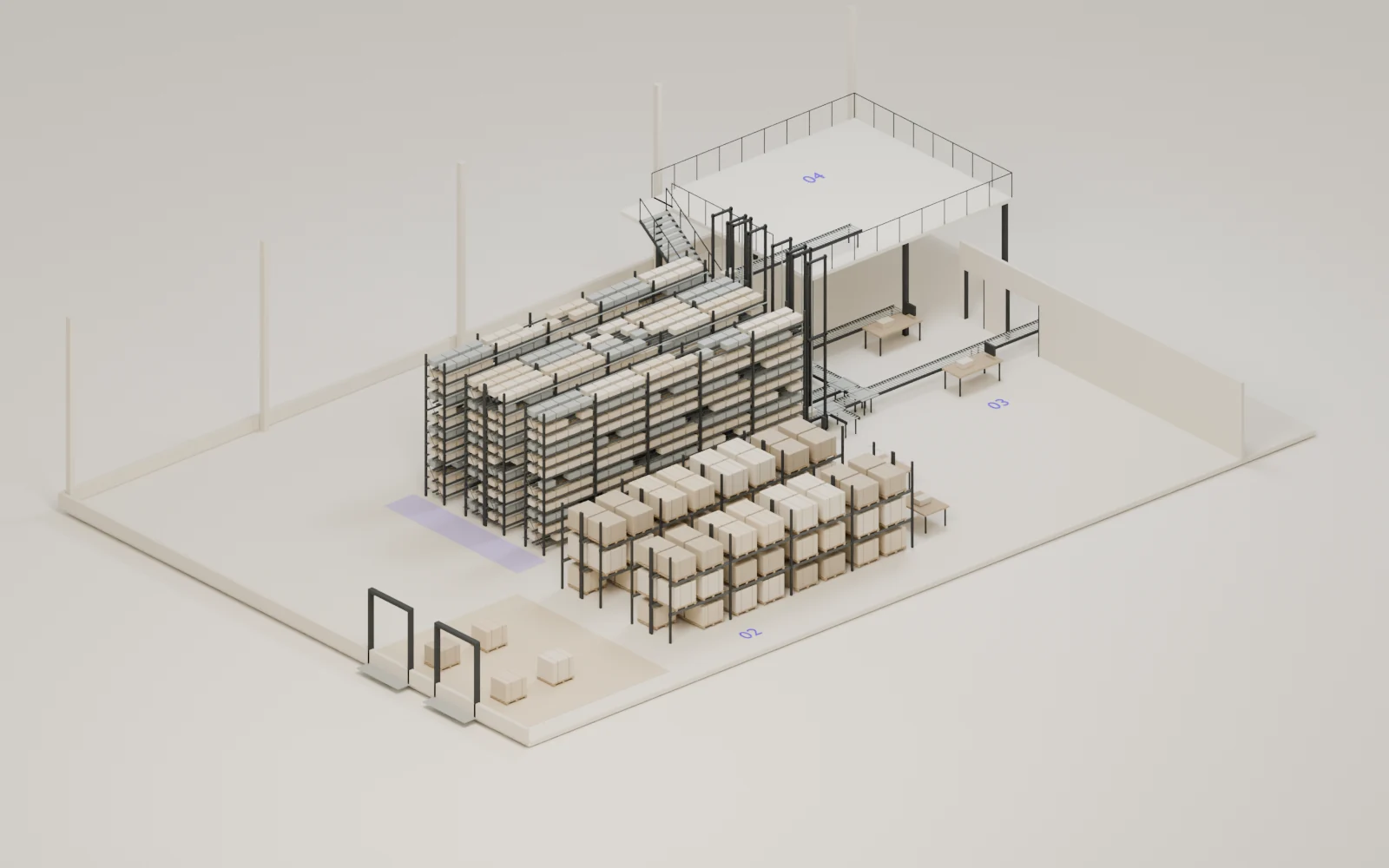 The same interfaces with a shorter automated tote store and a separate reserve and replenishment area.