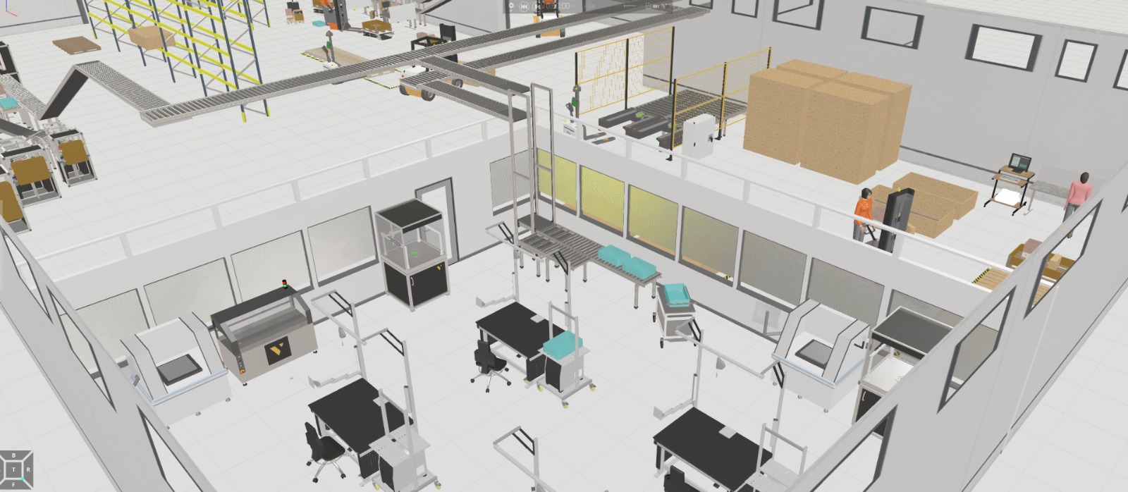 Factory logistics planning view with storage, picking and production areas